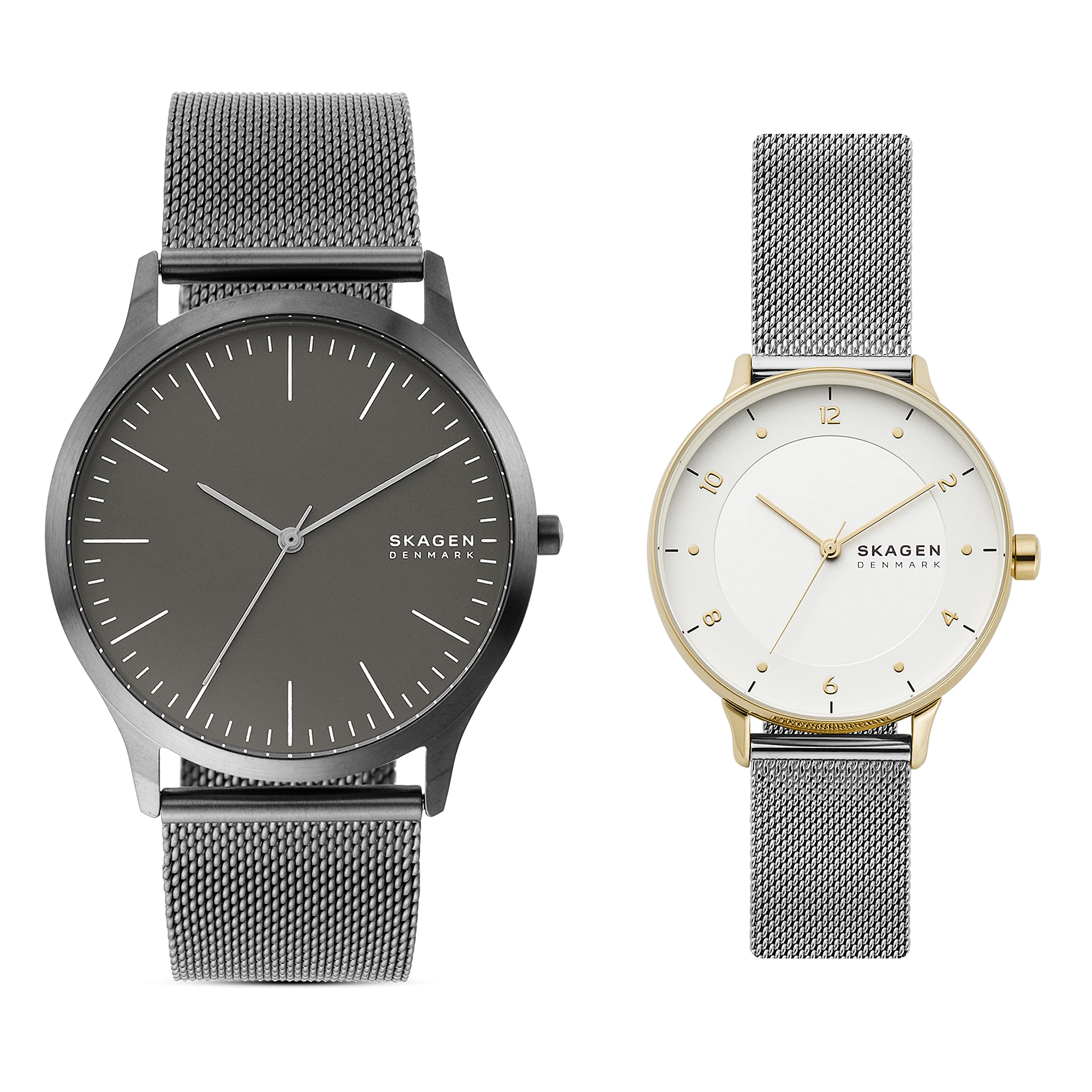 Skagen Men's Jorn Quartz Analog Stainless Steel and Stainless Steel Mesh Watch, Color: Grey with Women's RIIS Quartz Analog Stainless Steel and Stainless Steel Watch, Color: Silver