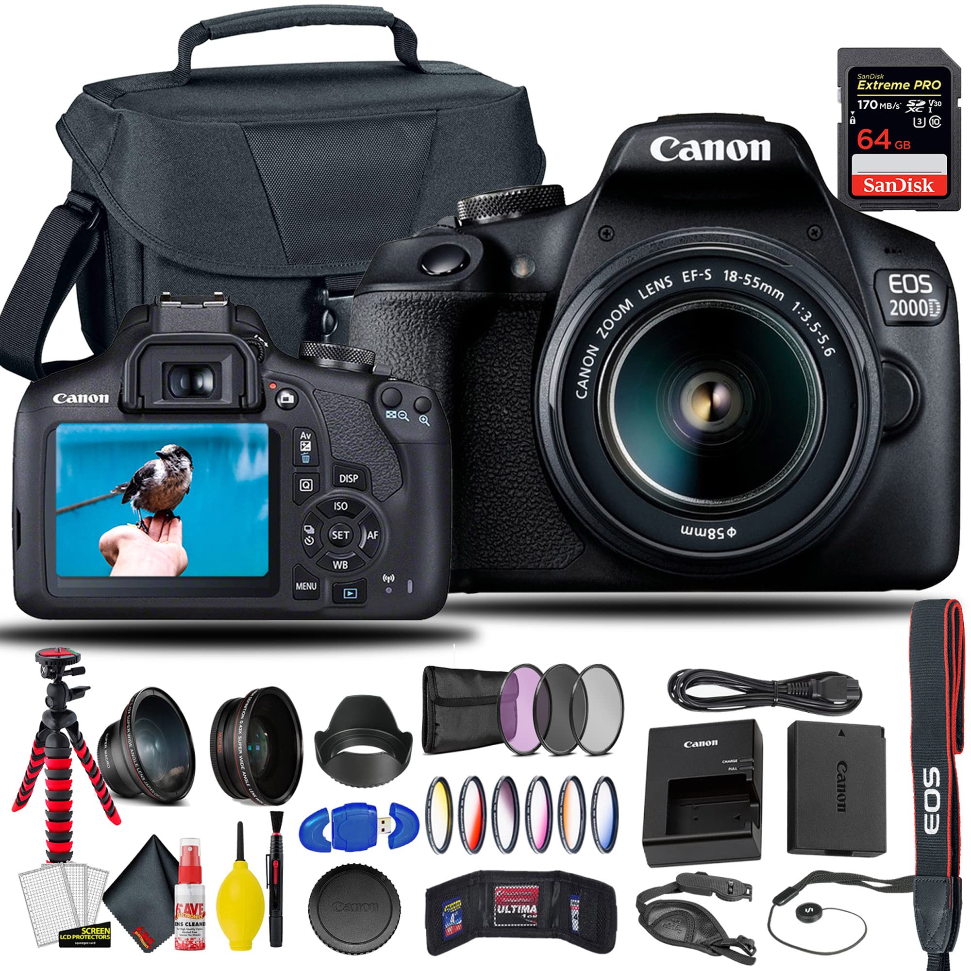 Canon EOS 2000D / Rebel T7 DSLR Camera with 18-55mm Lens + Sandisk Extreme Pro 64GB Card + Creative Filters + EOS Camera Bag + 6AVE Cleaning Set, More (International Model) (Renewed)
