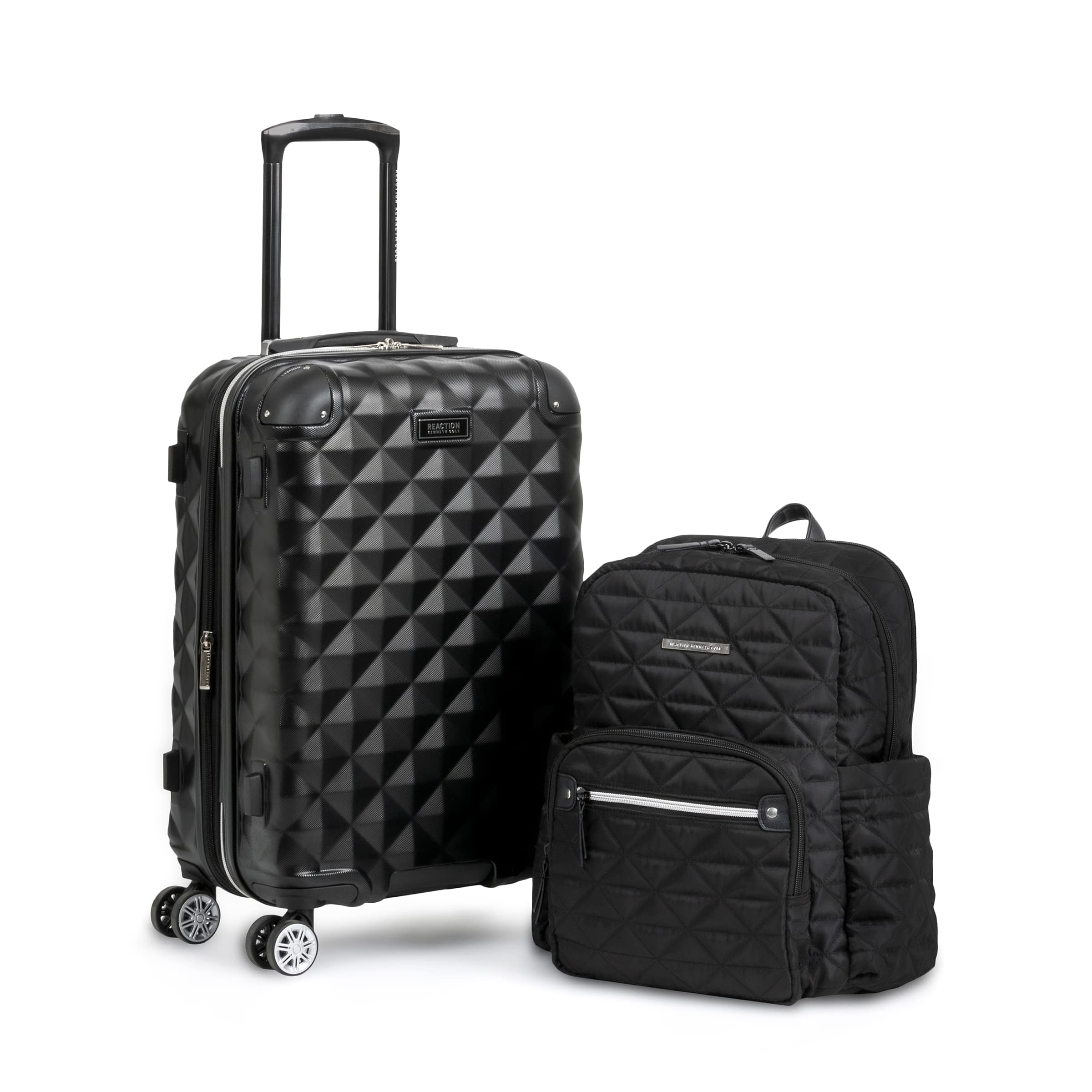 Kenneth Cole Reaction Diamond Tower Collection Lightweight Hardside Expandable 8-Wheel Spinner Travel Luggage, Black, 2pc Bundle (Carry On+Backpack)