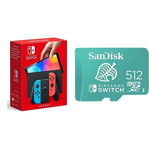 Nintendo Switch – OLED Model w/Neon Red & Neon Blue Joy-Con and SanDisk 512GB microSDXC Card, Licensed for Nintendo Switch